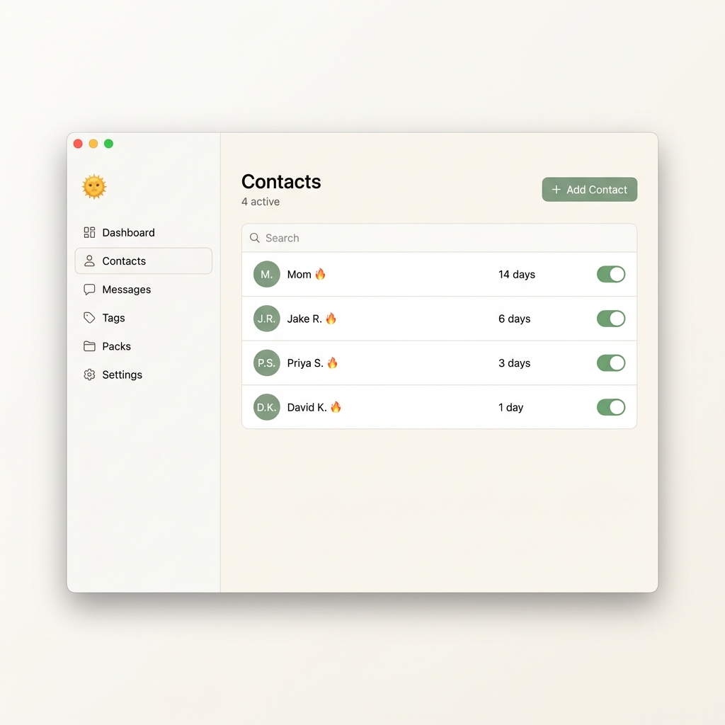 Warmly Contacts view showing a list of active contacts with streak counters