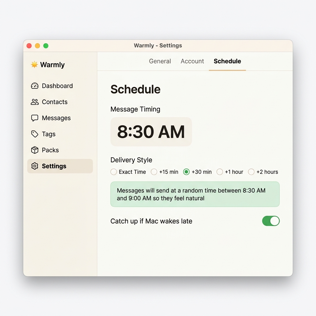 Warmly Settings showing schedule time picker and humanized delivery window options